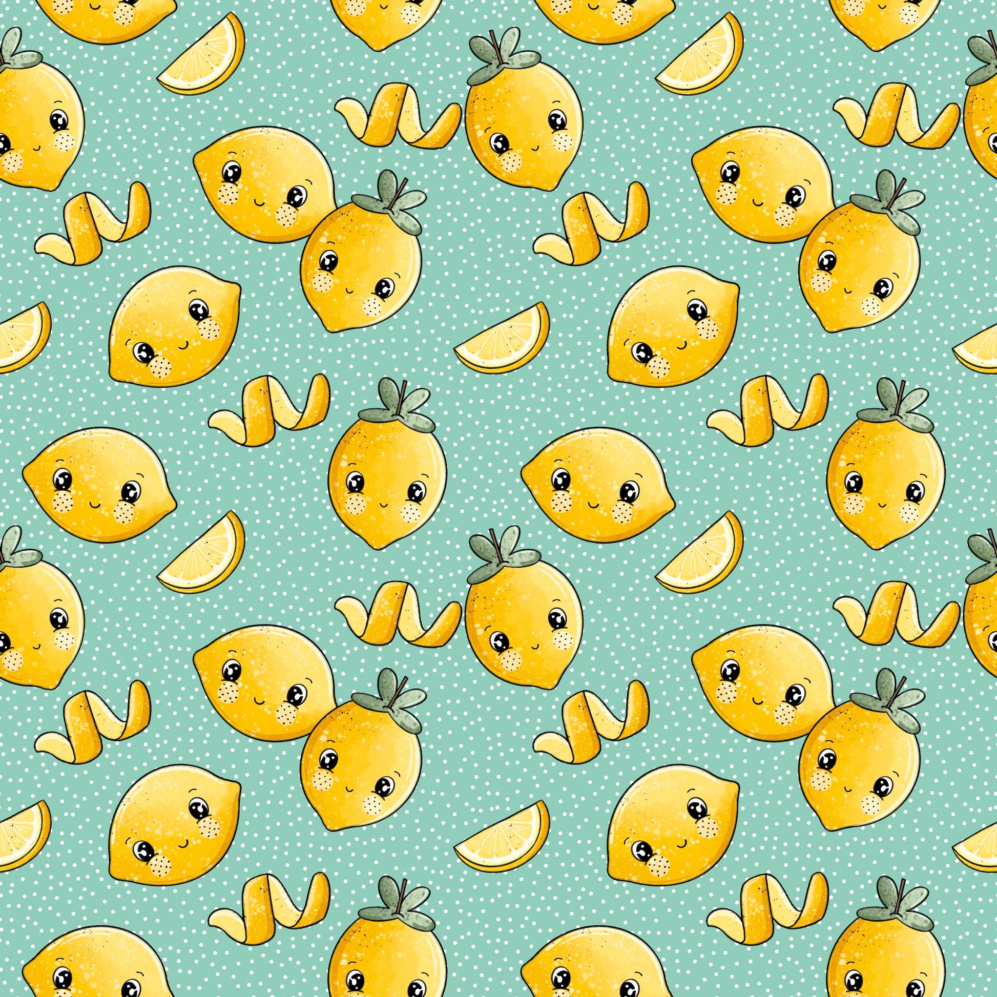 Nahtloses Zitönchen Mint Muster mit lachenden Zitronen, Zitronenscheiben und weißen Punkten auf mintfarbenem Hintergrund