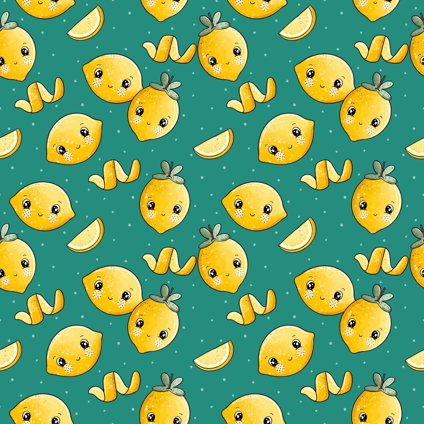 Nahtloses Zitönchen-Muster mit lachenden Zitronen, Zitronenscheiben und weißen Punkten auf smaragdgrünem Hintergrund