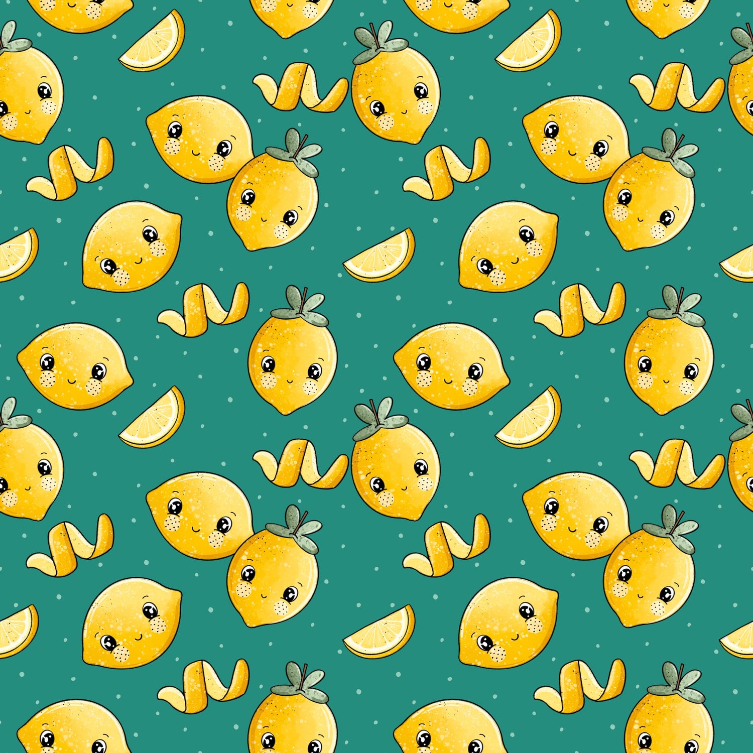 Nahtloses Zitönchen-Muster mit lachenden Zitronen, Zitronenscheiben und weißen Punkten auf smaragdgrünem Hintergrund