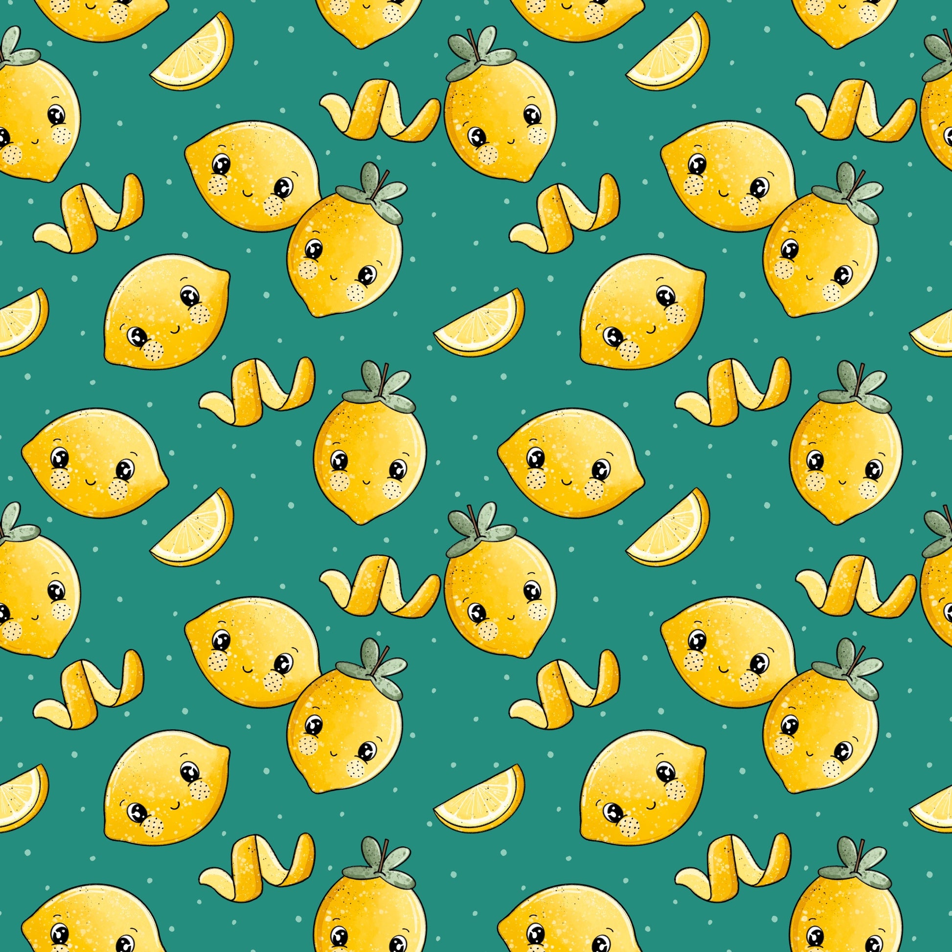 Nahtloses Zitönchen-Muster mit lachenden Zitronen, Zitronenscheiben und weißen Punkten auf smaragdgrünem Hintergrund