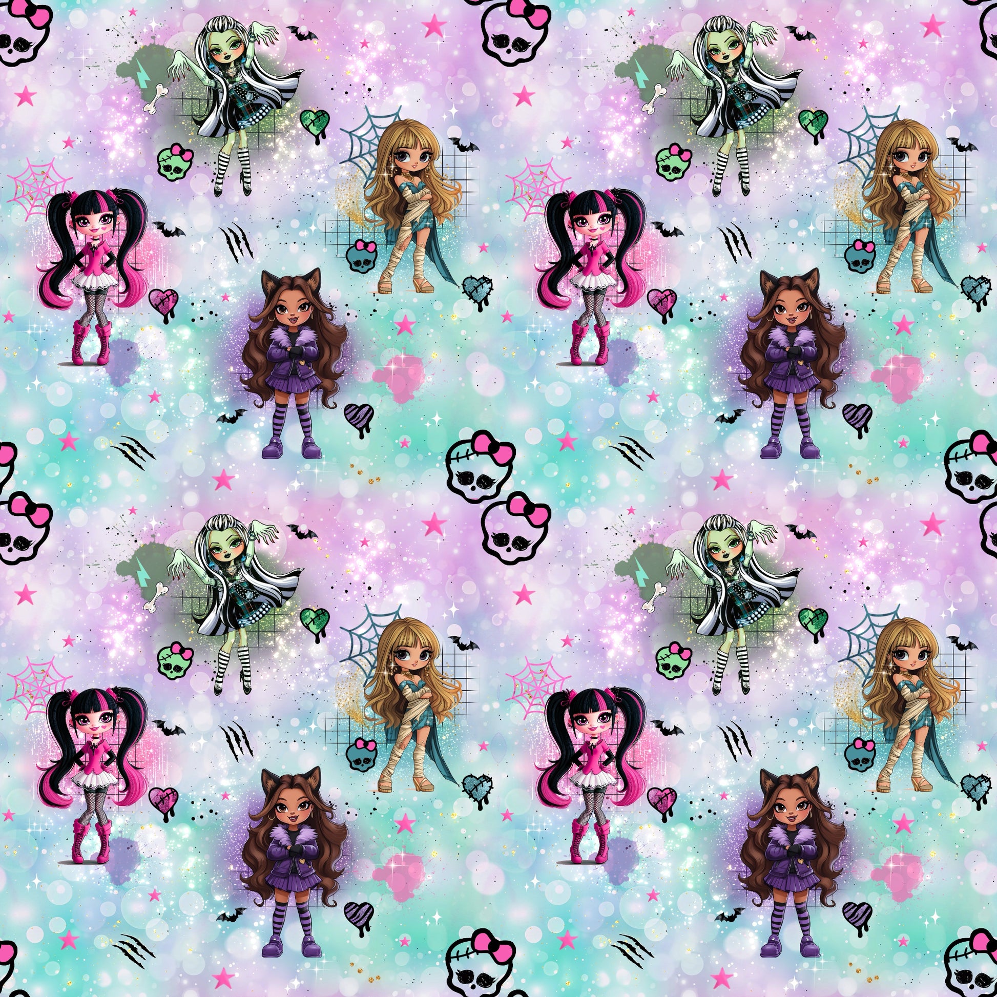 Bunter Stoff „Zombelicious“ – auffälliges Halloweenmotiv mit Monsterfiguren und Deko-Elementen für kreative Nähideen.