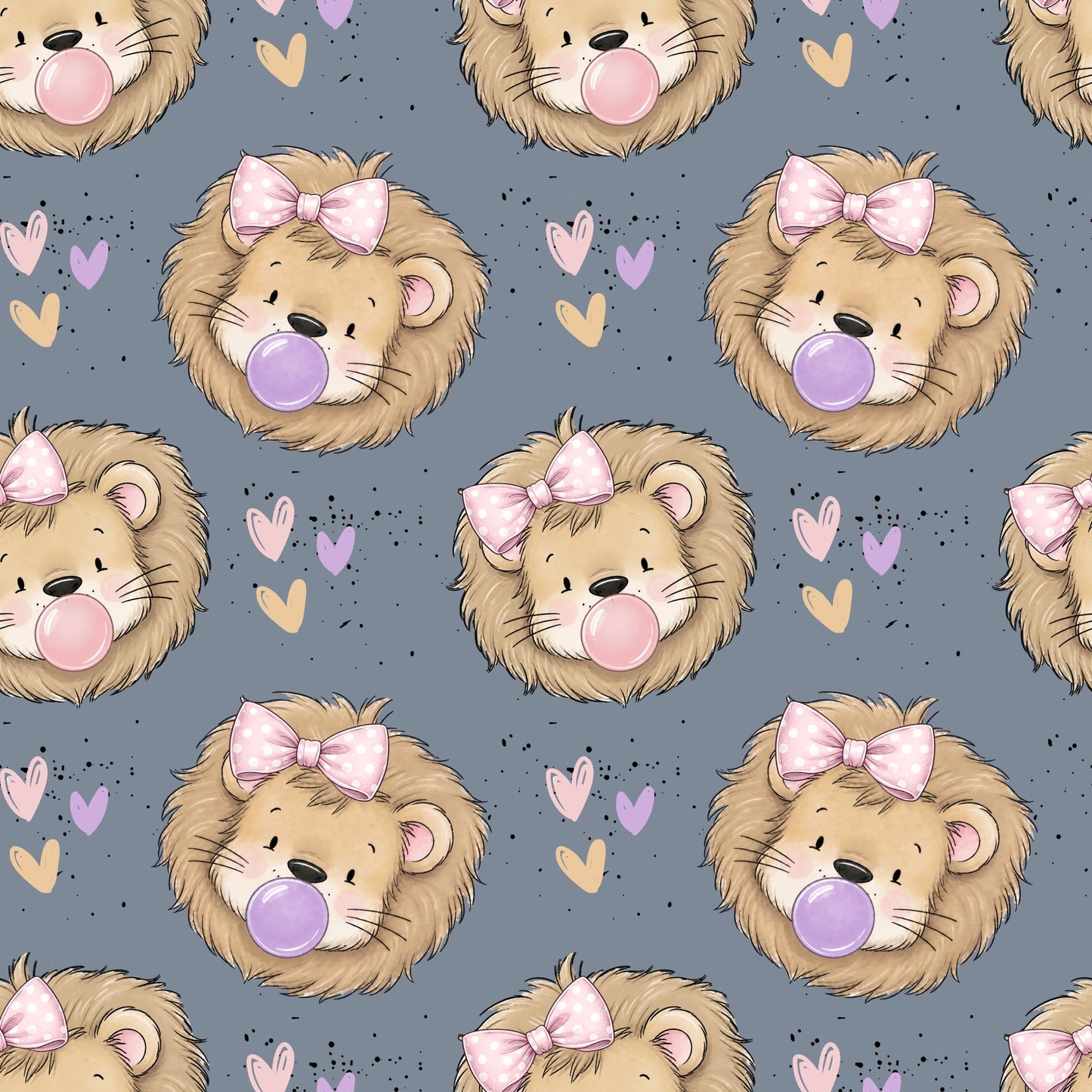 Nahtloses Stoffdesign „Zottellöwe Schleifchen“ mit niedlichen Löwen, rosa gepunkteten Schleifen, bunten Kaugummiblasen und Herzen auf graublauem Hintergrund.