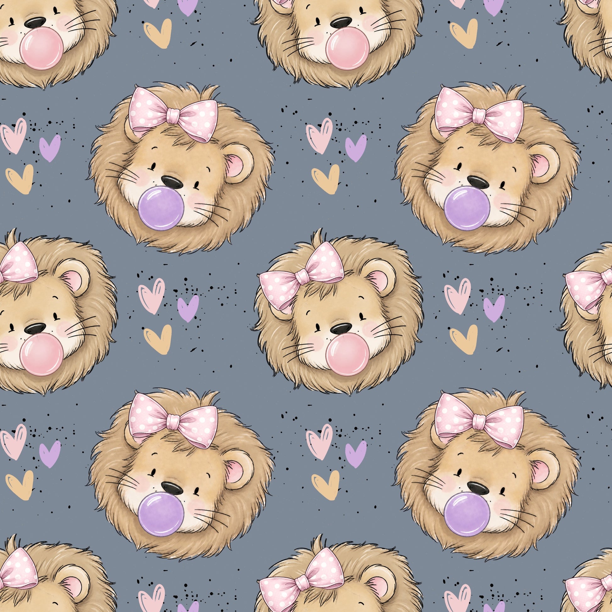 Nahtloses Stoffdesign „Zottellöwe Schleifchen“ mit niedlichen Löwen, rosa gepunkteten Schleifen, bunten Kaugummiblasen und Herzen auf graublauem Hintergrund.