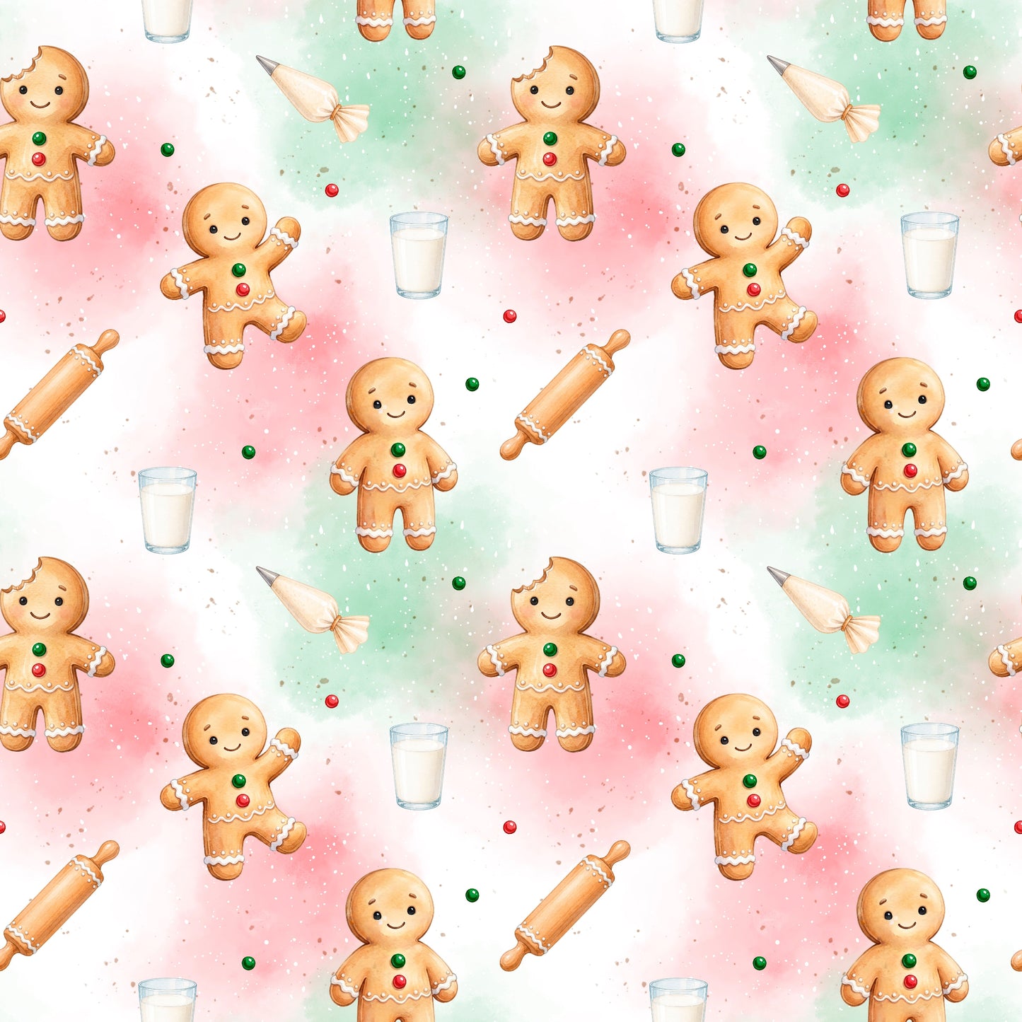 Nahtloses Stoffdesign „Zuckersüße Lebkuchenfreunde“ mit niedlichen Lebkuchenfiguren, Milchgläsern, Nudelholz und Spritzbeutel auf pastellfarbenem Hintergrund.