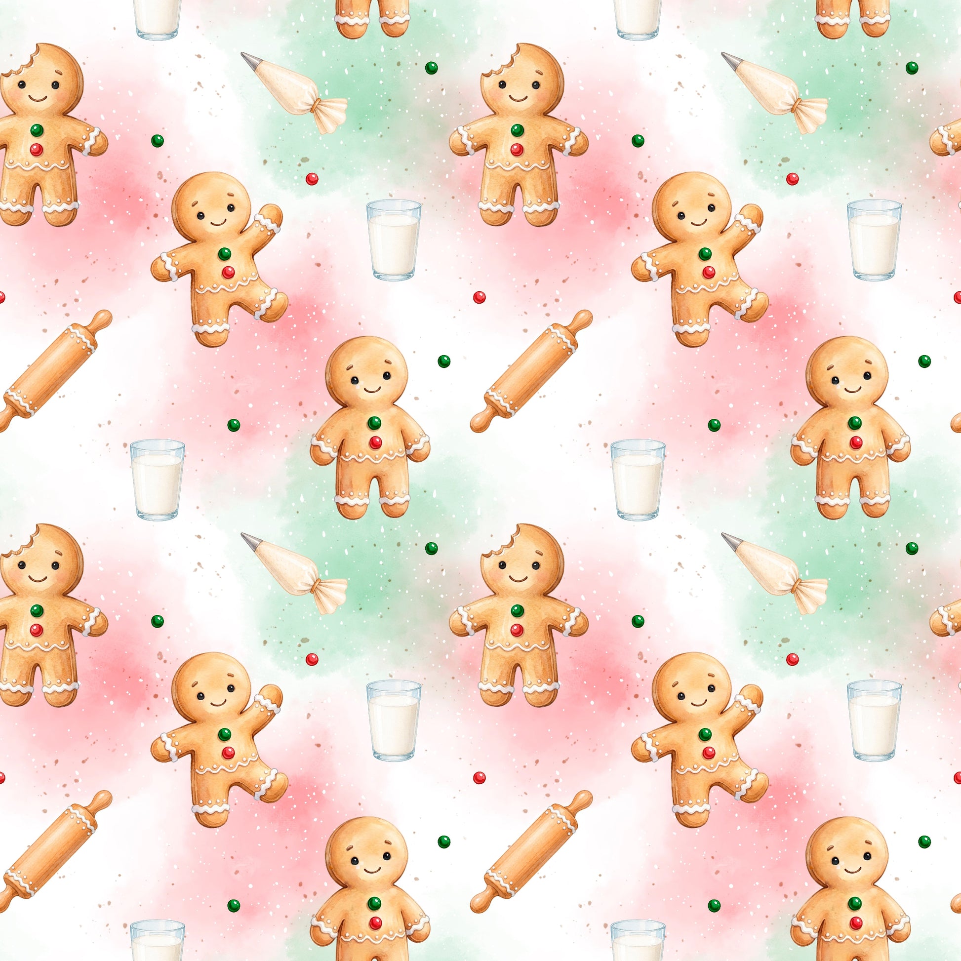 Nahtloses Stoffdesign „Zuckersüße Lebkuchenfreunde“ mit niedlichen Lebkuchenfiguren, Milchgläsern, Nudelholz und Spritzbeutel auf pastellfarbenem Hintergrund.