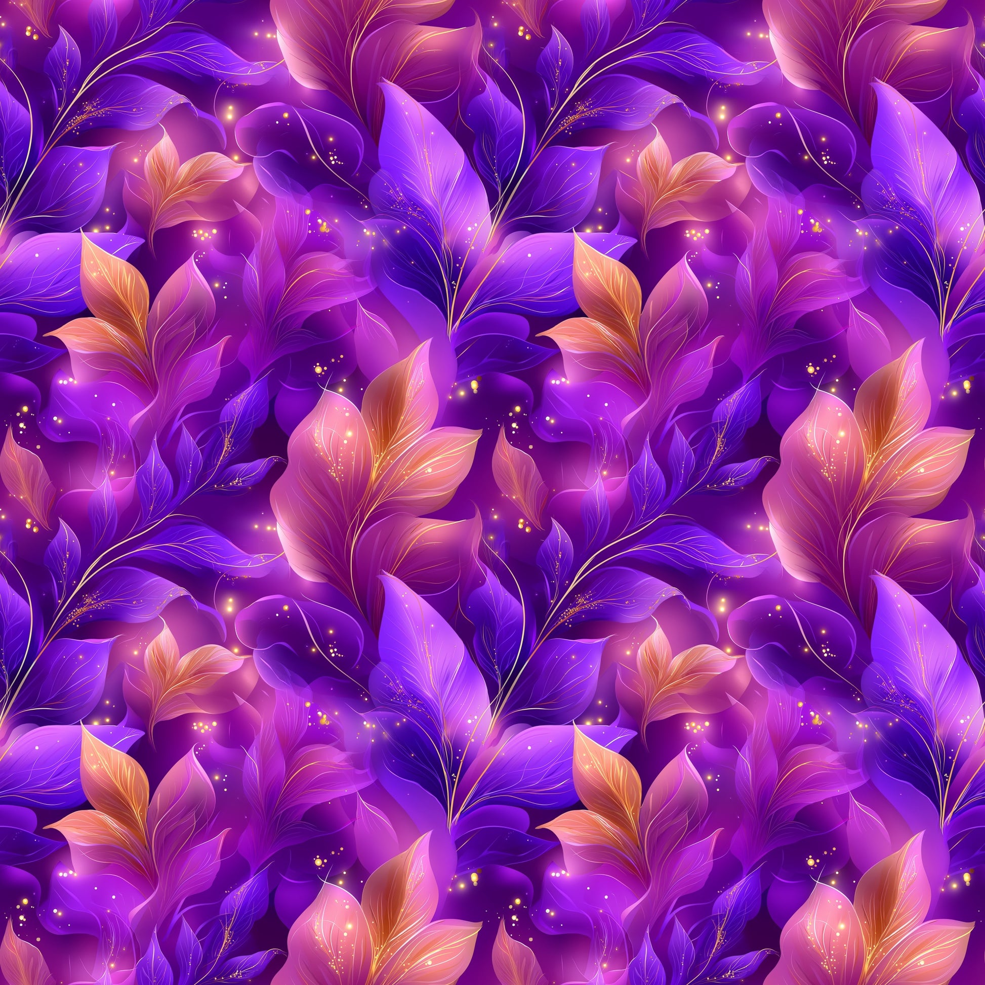 Glowing Flowers Stoff mit leuchtenden Blüten und Blättern in Violett, Lila und Beerentönen sowie feinen goldenen Akzenten auf dunklem Hintergrund.