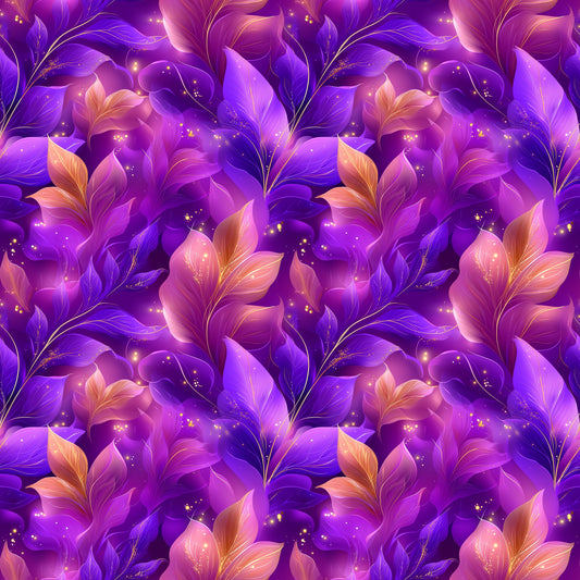 Glowing Flowers Stoff mit leuchtenden Blüten und Blättern in Violett, Lila und Beerentönen sowie feinen goldenen Akzenten auf dunklem Hintergrund.
