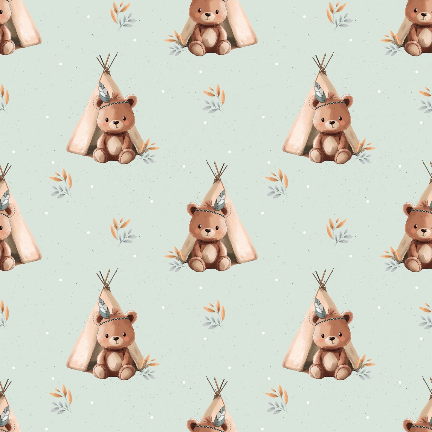 Nahe Aufnahme des Stoffdesigns „Bär im Tipi“ in Mint mit kleinen Bären, Tipis und Pflanzenmotiven als durchgehendes Muster.