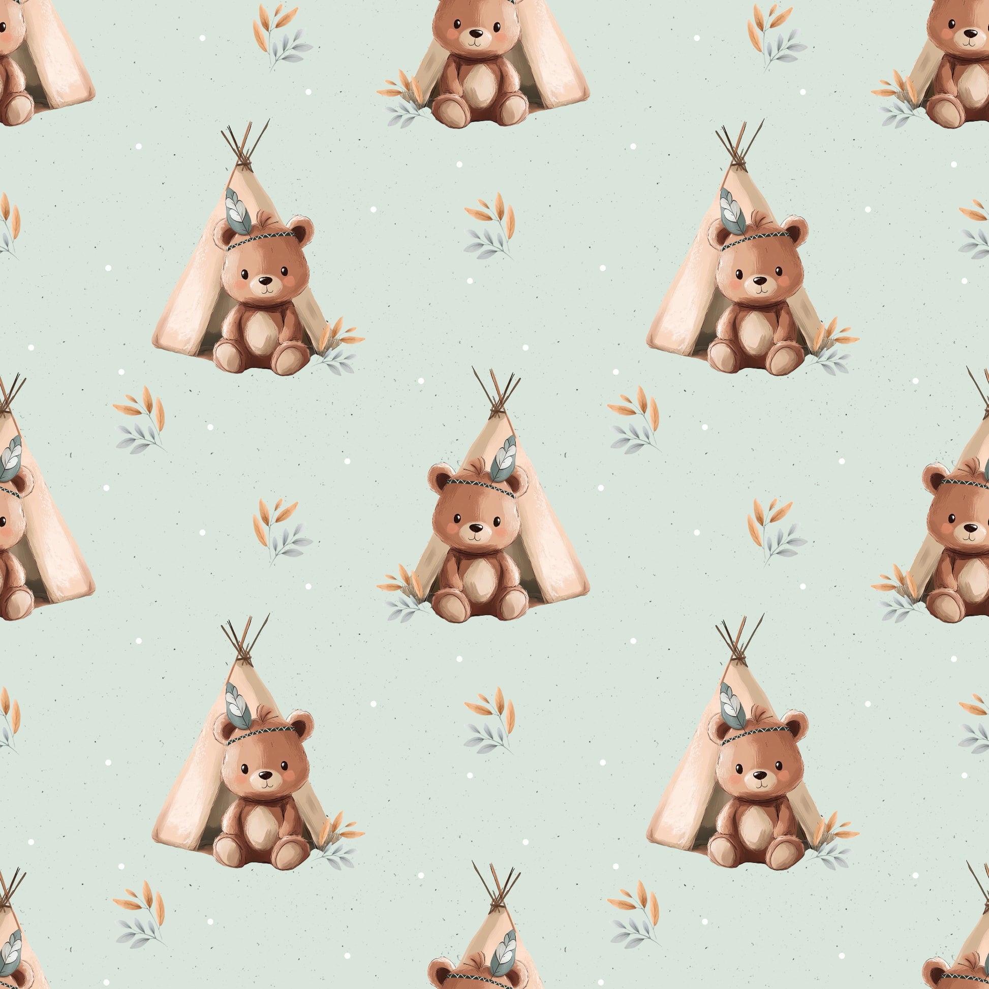 Nahe Aufnahme des Stoffdesigns „Bär im Tipi“ in Mint mit kleinen Bären, Tipis und Pflanzenmotiven als durchgehendes Muster.