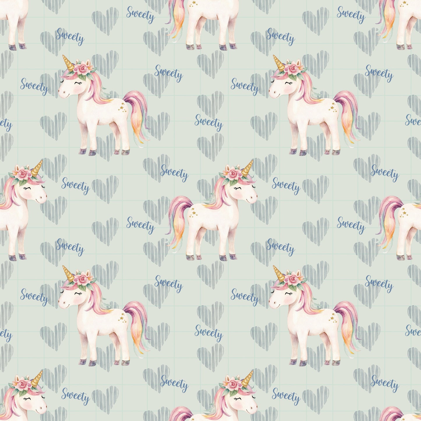 Stoffkachel „Zuckersüßes Einhorn“: nahtloses Muster mit wiederholten Einhörnern, blauem „Sweety“-Schriftzug und herzförmigem Karohintergrund in Mint; gleichmäßig rapportiert.