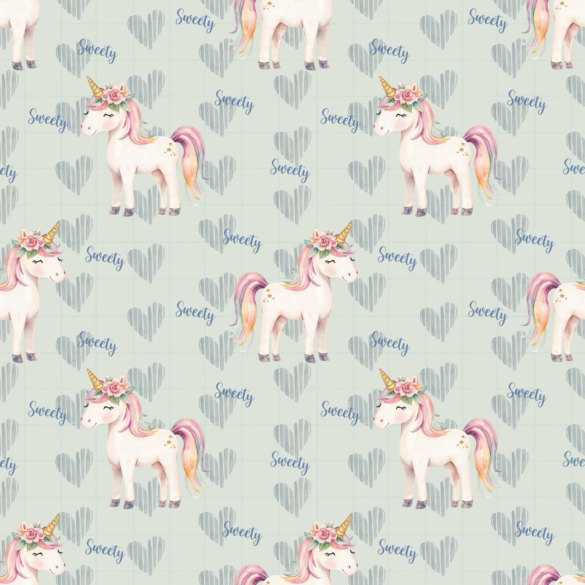 Stoffkachel „Zuckersüßes Einhorn“: nahtloses Muster mit wiederholten Einhörnern, blauem „Sweety“-Schriftzug und herzförmigem Karohintergrund in Mint; gleichmäßig rapportiert.