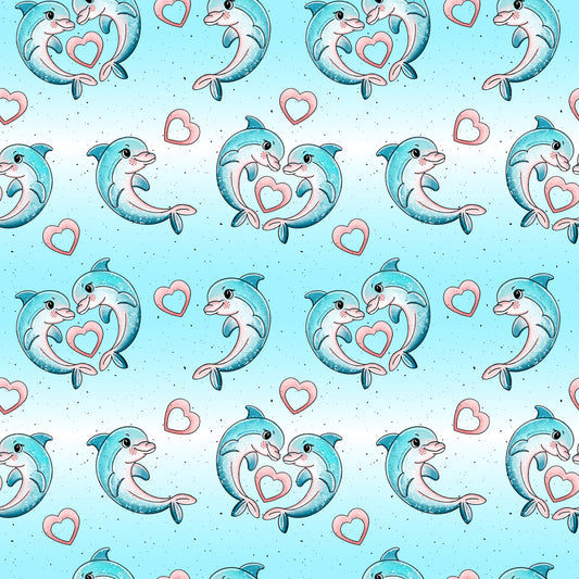 Nahtloses Muster „Delfinchen“ mit spielenden Delfinen, Herzsymbolen und sanfter Farbwelt in Türkis und Rosé, Design von Katzengold-Designs