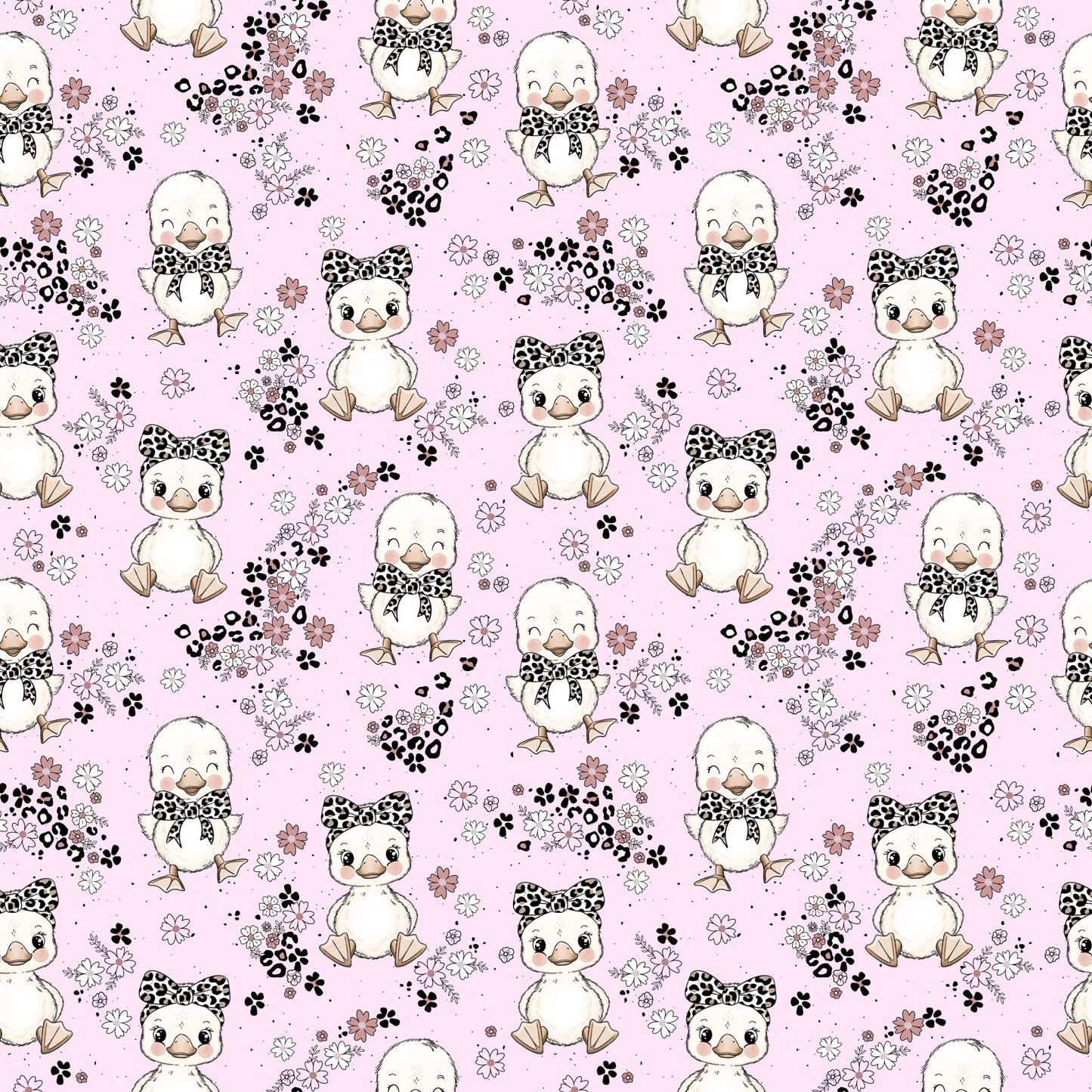 Wiederholendes Muster aus kleinen Gänseküken, Blüten und Schleifen auf rosa Hintergrund – Stoffdesign „Gänsebaby“.