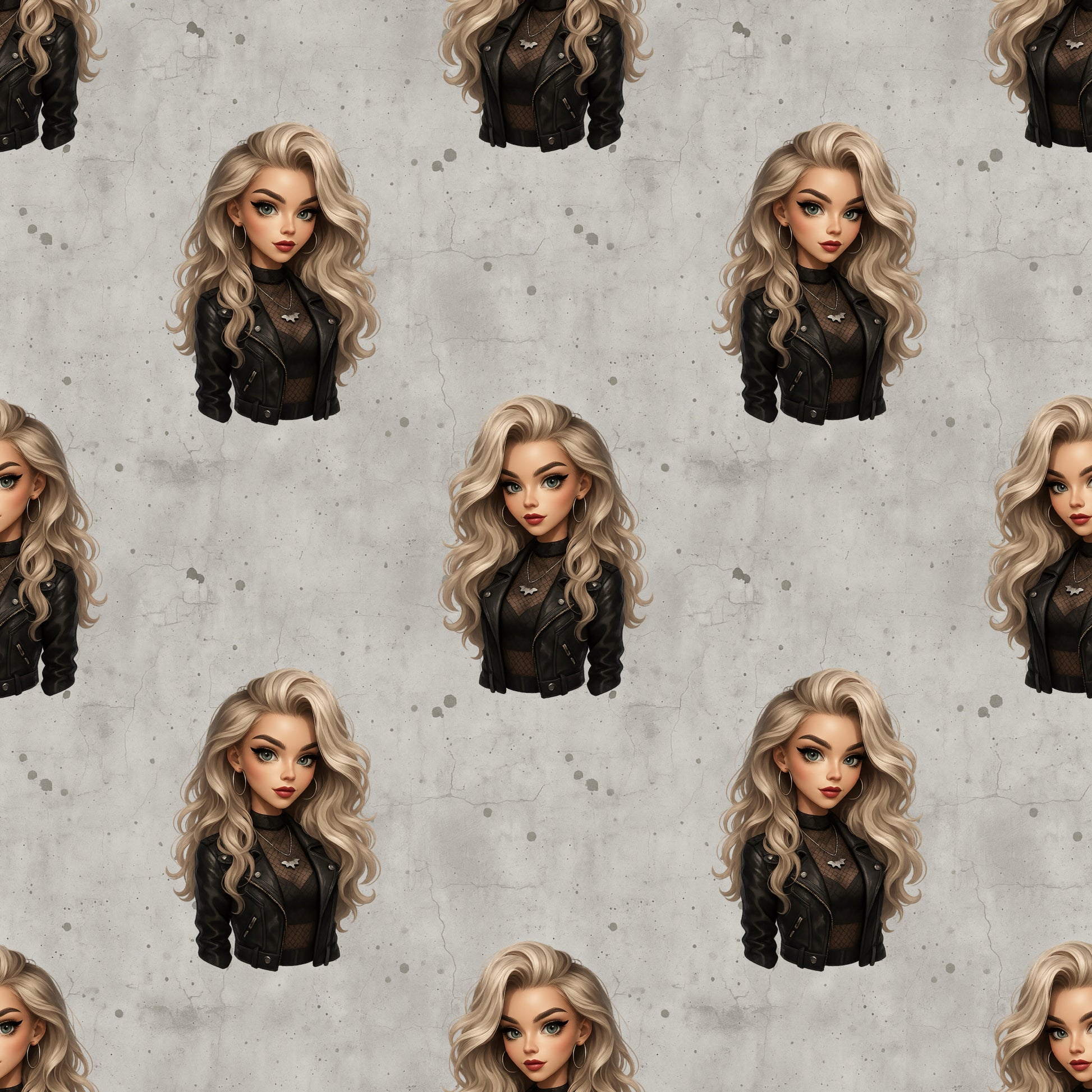 Nahtloses Stoffmuster mit dem Design Gothic Glamour. Eine Frau mit blonden gelockten Haaren, schwarz gekleidet auf einem grauen Hintergrund in Betonoptik.
