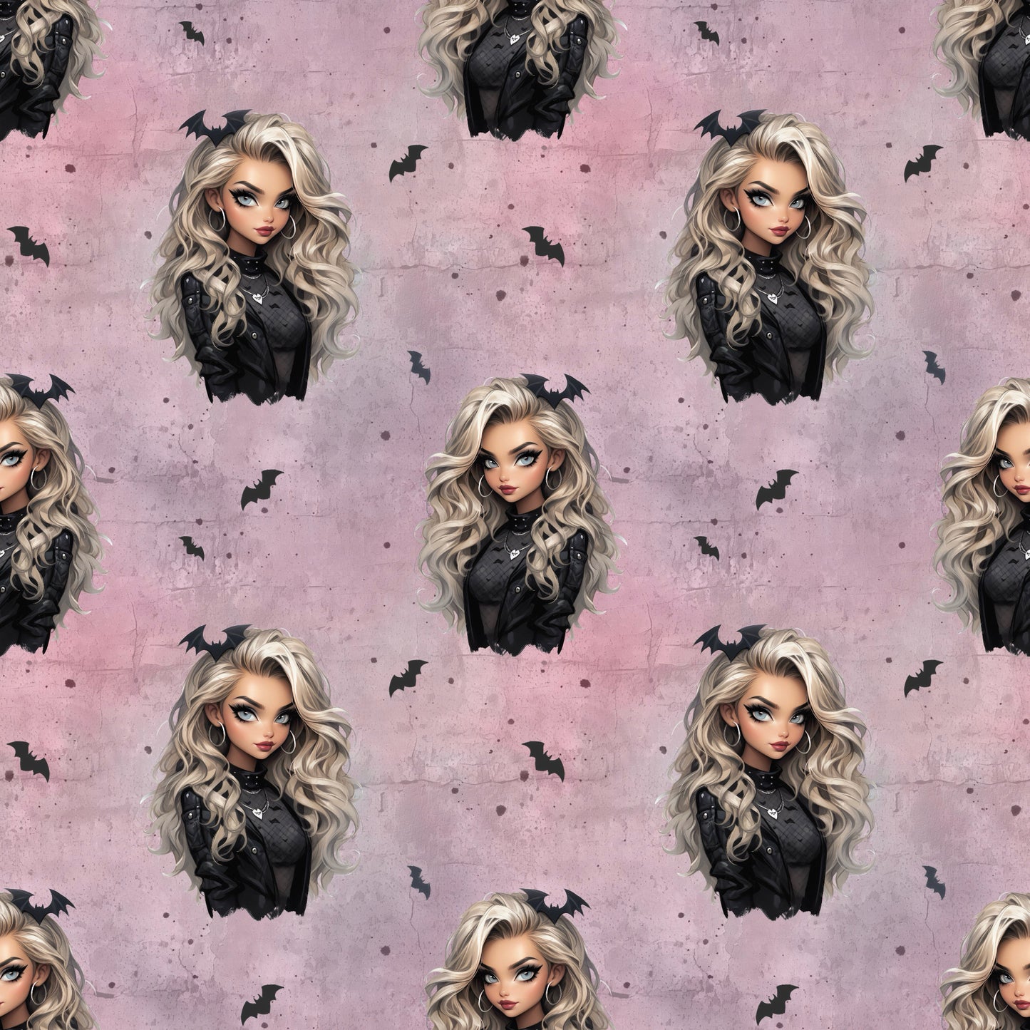 Nahtloses Stoffmuster mit dem Design  "Gothic Glam" in rosa – eine Frau mit lockigen blonden Haaren mit Fledermaus im Haar, schwarz gekleidet auf einem rosafarbenen Hintergrund in Beton Optik mit Rissen. Kleine schwarze Fledermäuse und weiße herzen befinden sich in den Zwischenräumen.