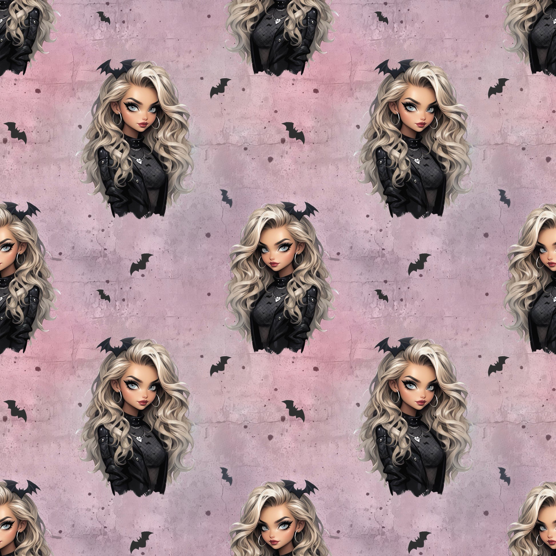 Nahtloses Stoffmuster mit dem Design  "Gothic Glam" in rosa – eine Frau mit lockigen blonden Haaren mit Fledermaus im Haar, schwarz gekleidet auf einem rosafarbenen Hintergrund in Beton Optik mit Rissen. Kleine schwarze Fledermäuse und weiße herzen befinden sich in den Zwischenräumen.