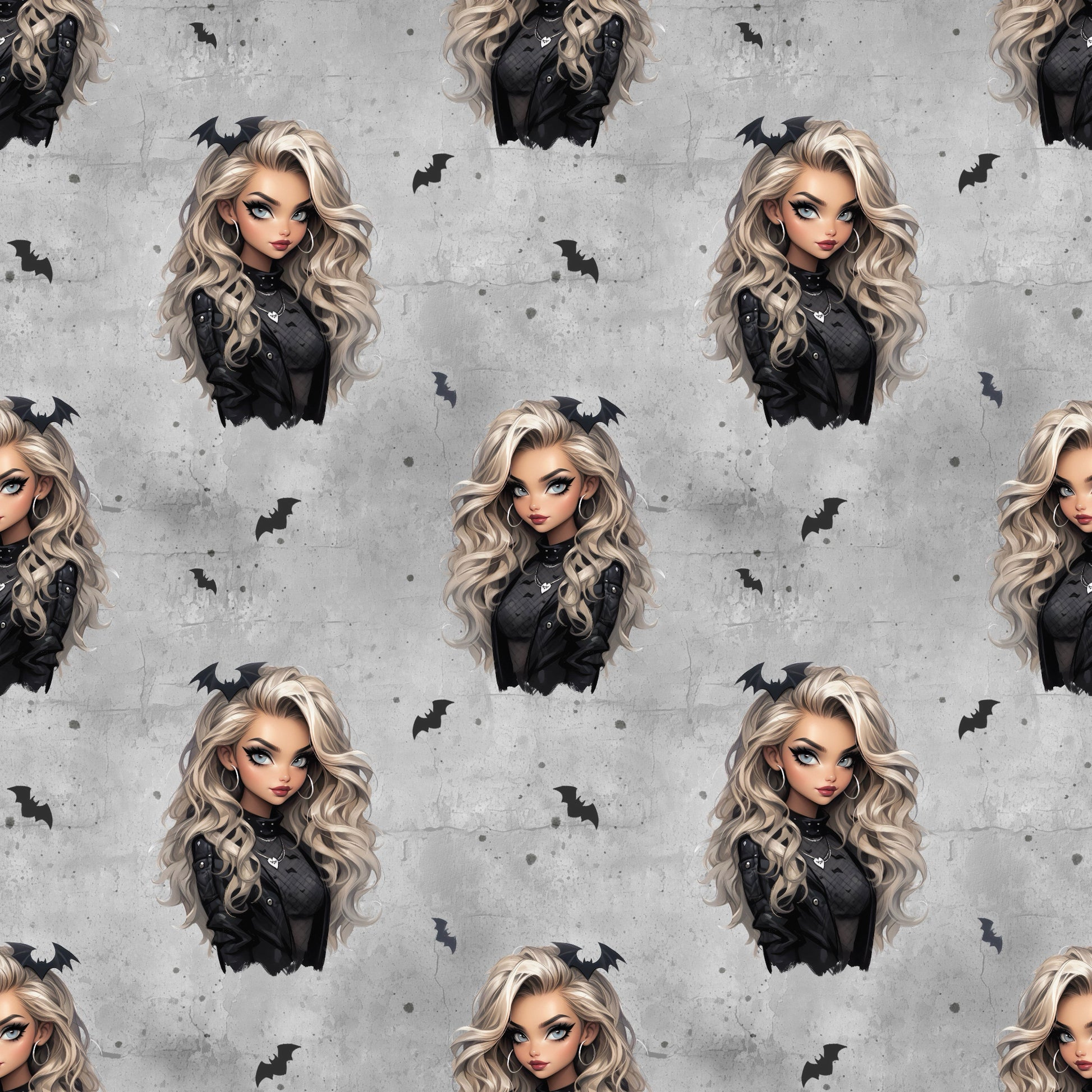 Nahtloses Stoffmuster mit dem Design  "Gothic Glam" in grau – eine Frau mit lockigen blonden Haaren mit Fledermaus im Haar, schwarz gekleidet auf einem grauen Hintergrund in Beton Optik mit Rissen. Kleine schwarze Fledermäuse und weiße herzen befinden sich in den Zwischenräumen.