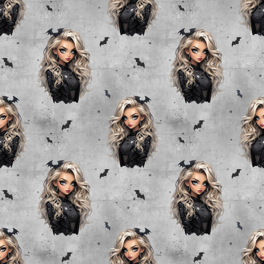 Nahtloses Stoffmuster mit dem Design  "Gothic Glam" in grau – eine Frau mit lockigen blonden Haaren mit Fledermaus im Haar, schwarz gekleidet auf einem grauen Hintergrund in Beton Optik mit Rissen. Kleine schwarze Fledermäuse und weiße herzen befinden sich in den Zwischenräumen.