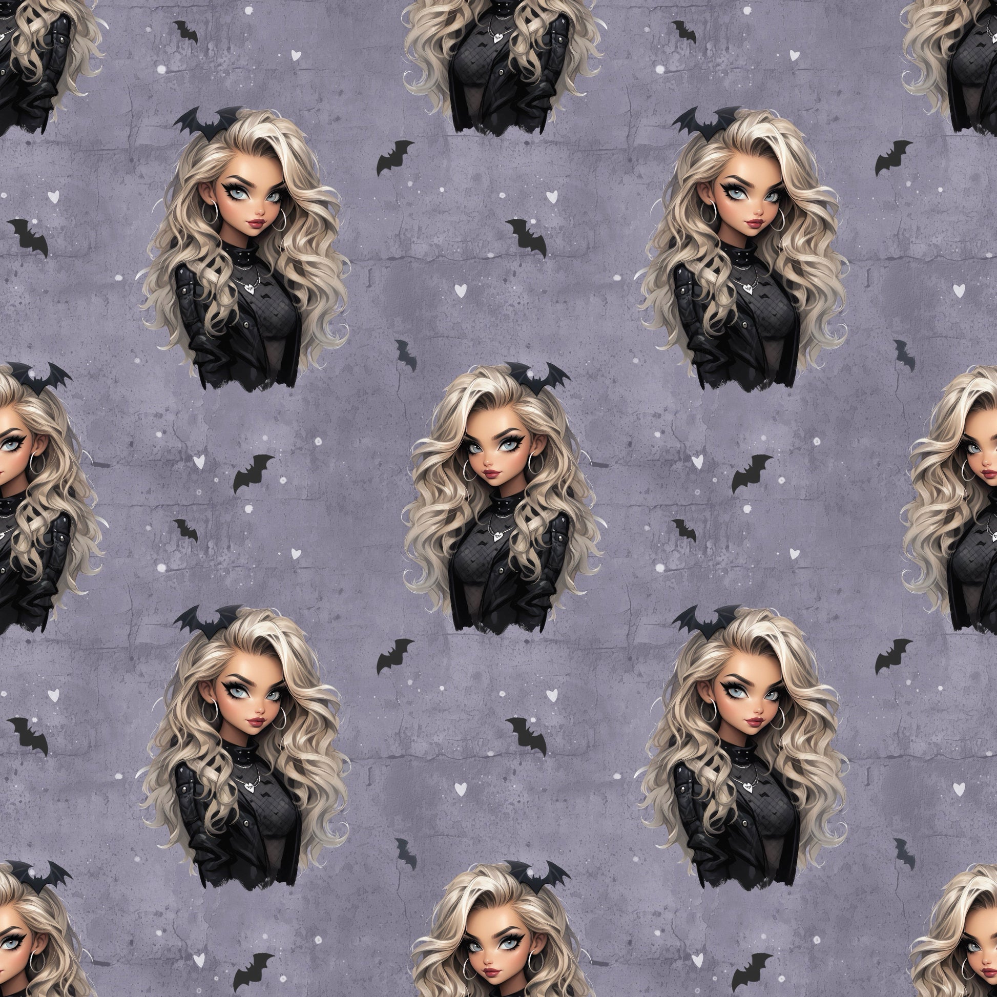 Nahtloses Stoffmuster mit dem Design  "Gothic Glam" in lila – eine Frau mit lockigen blonden Haaren mit Fledermaus im Haar, schwarz gekleidet auf einem lilafarbenen Hintergrund in Beton Optik mit Rissen. Kleine schwarze Fledermäuse und weiße herzen befinden sich in den Zwischenräumen.