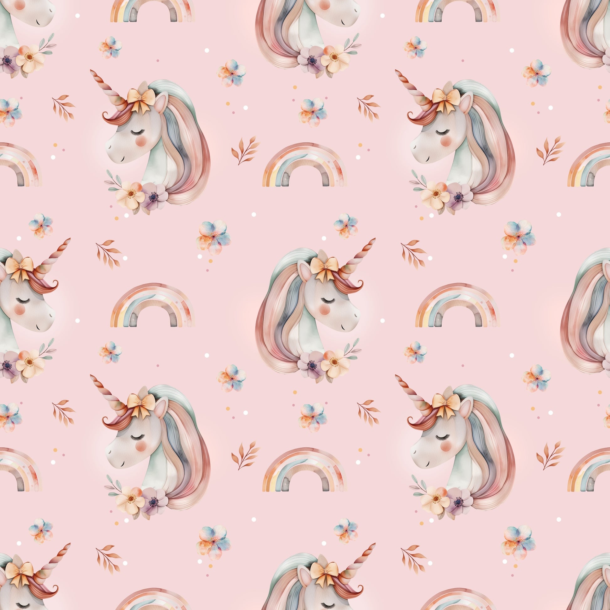 Nahtloses Stoffmuster mit dem Design „Kleines Einhorn“- – mit verträumtem Einhornmotiv und Schleife, kuschelig und verspielt.