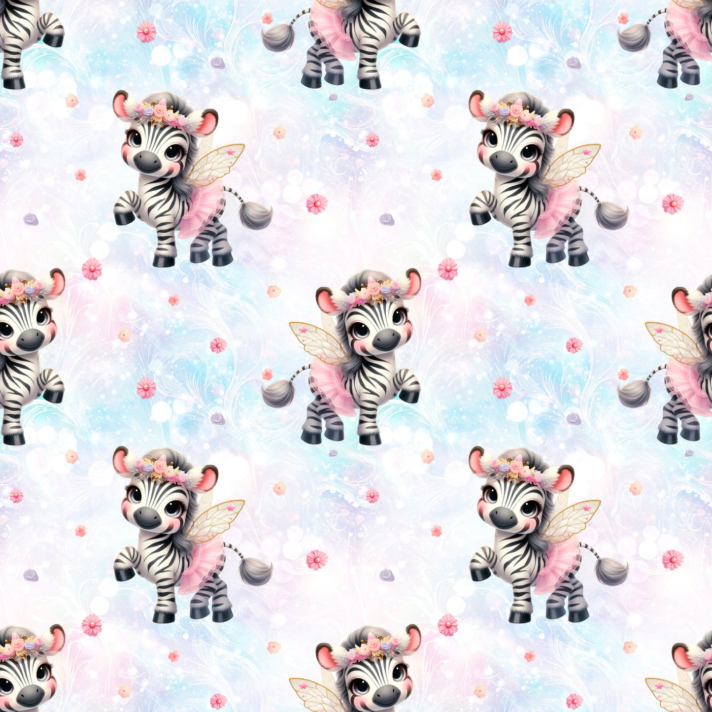Nahtloses Stoffmuster mit dem Design  „Kleines Zebra“ – niedliches Zebramotiv mit Tütü und Blümchen.