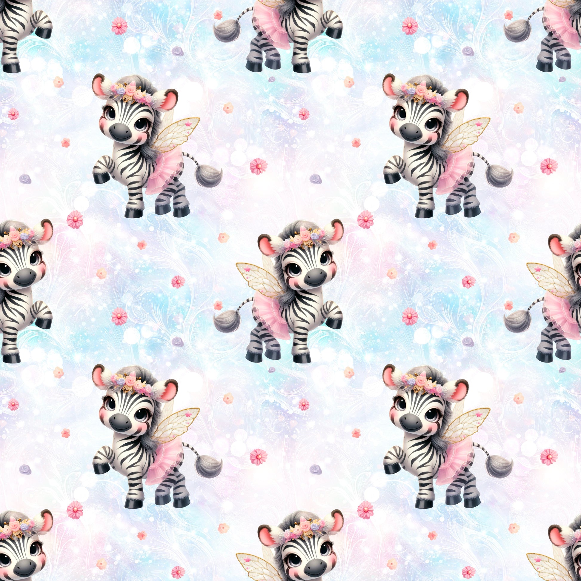 Nahtloses Stoffmuster mit dem Design  „Kleines Zebra“ – niedliches Zebramotiv mit Tütü und Blümchen.