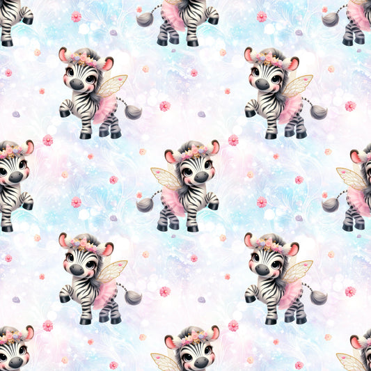Nahtloses Stoffmuster mit dem Design  „Kleines Zebra“ – niedliches Zebramotiv mit Tütü und Blümchen.