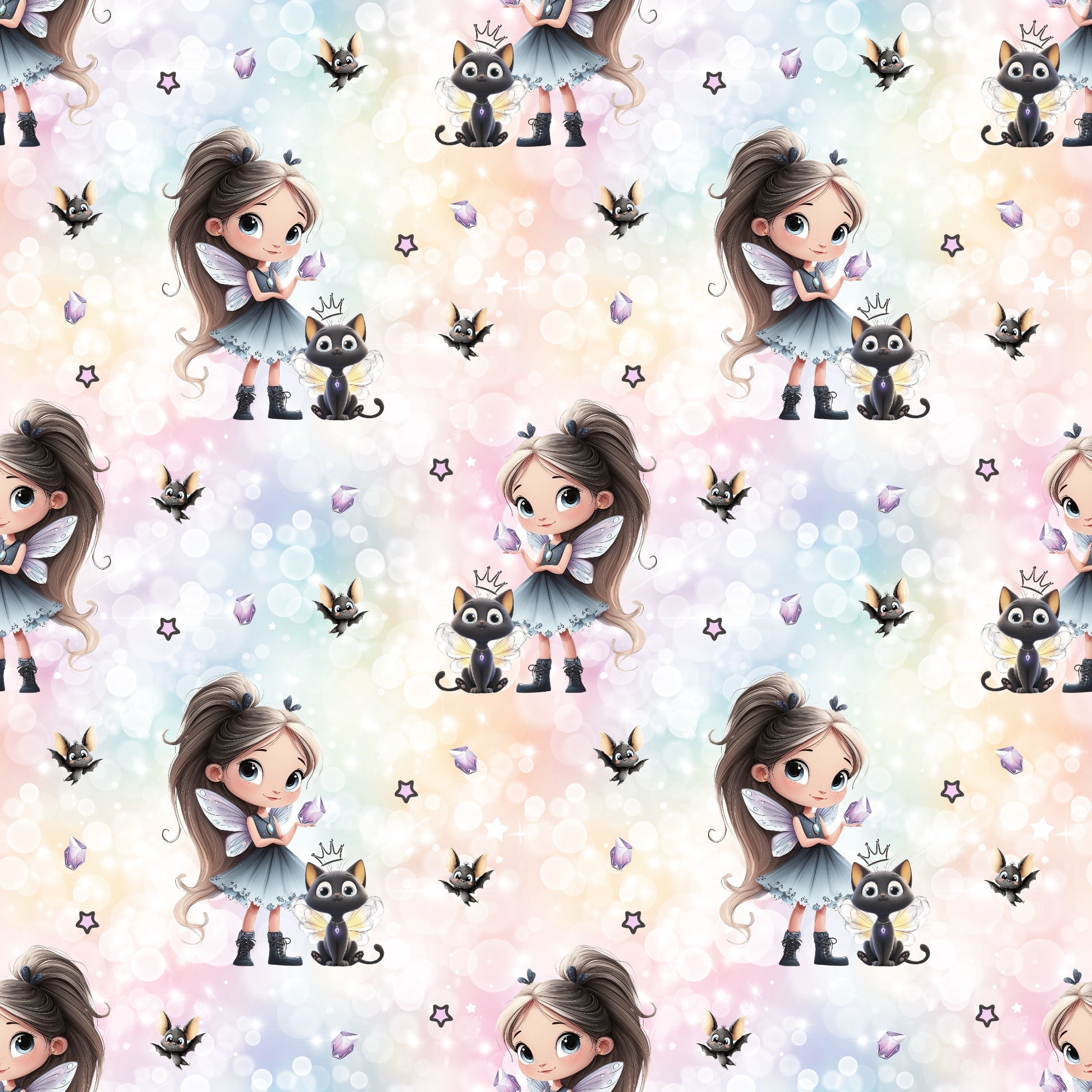Magisches Stoffdesign „Mystellina“ – Mädchen mit Katze und Fantasy-Details für kreative Nähideen.