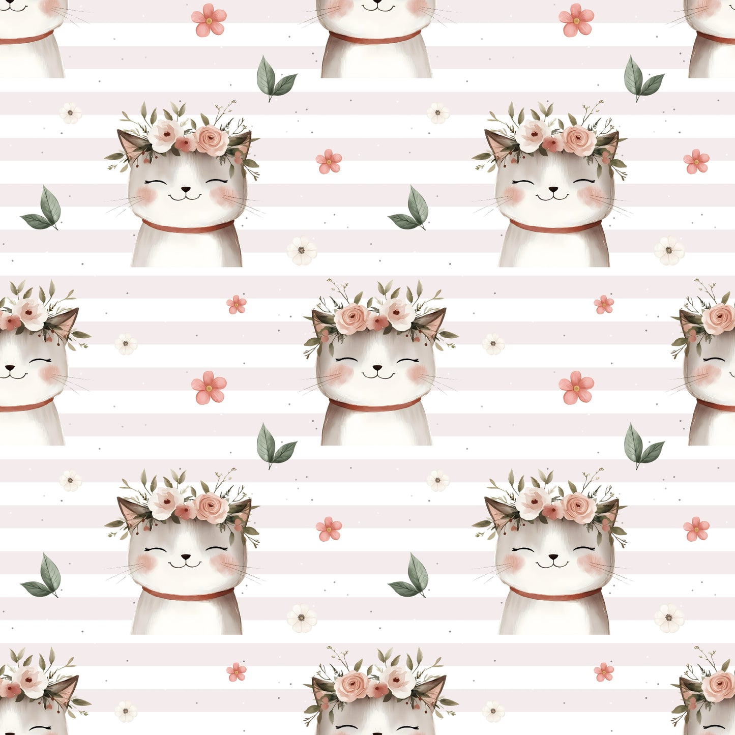 Nahtloses Stoffmuster mit dem Design „Zauberhafte Mieze – rosa-weiß gestreift“ – kindgerechter mit fröhlichem Katzenprint und Streifen.