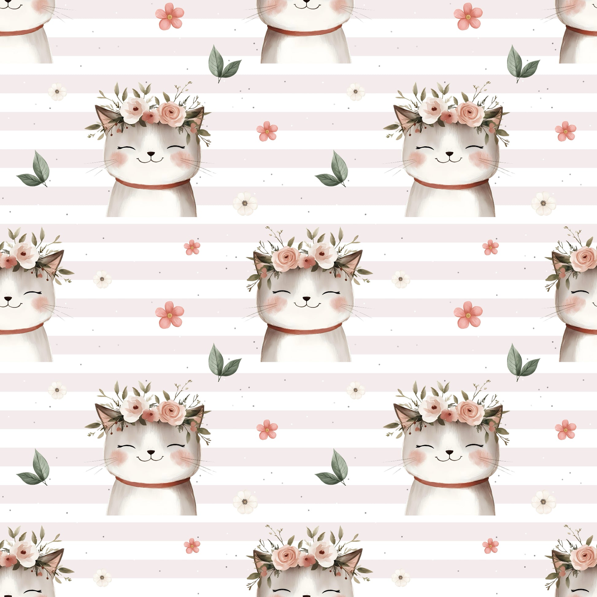 Nahtloses Stoffmuster mit dem Design „Zauberhafte Mieze – rosa-weiß gestreift“ – kindgerechter mit fröhlichem Katzenprint und Streifen.
