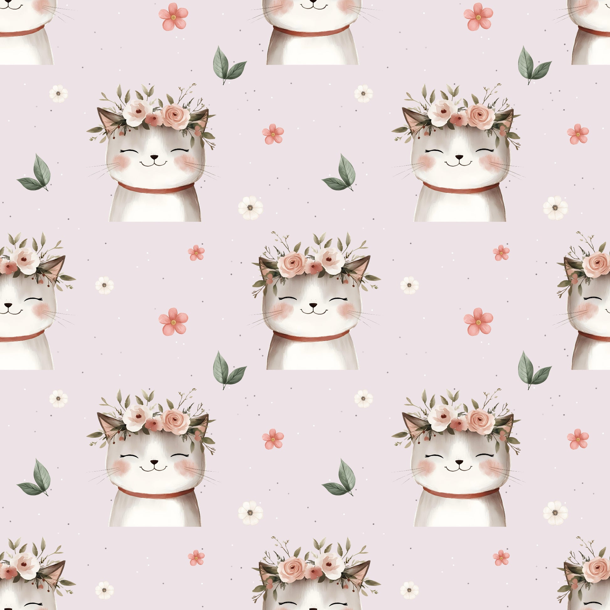 Nahtloses Stoffmuster mit dem Design „Zauberhafte Mieze – rosa" – kindgerechter mit fröhlichem Katzenprint auf einem zarten rosa.