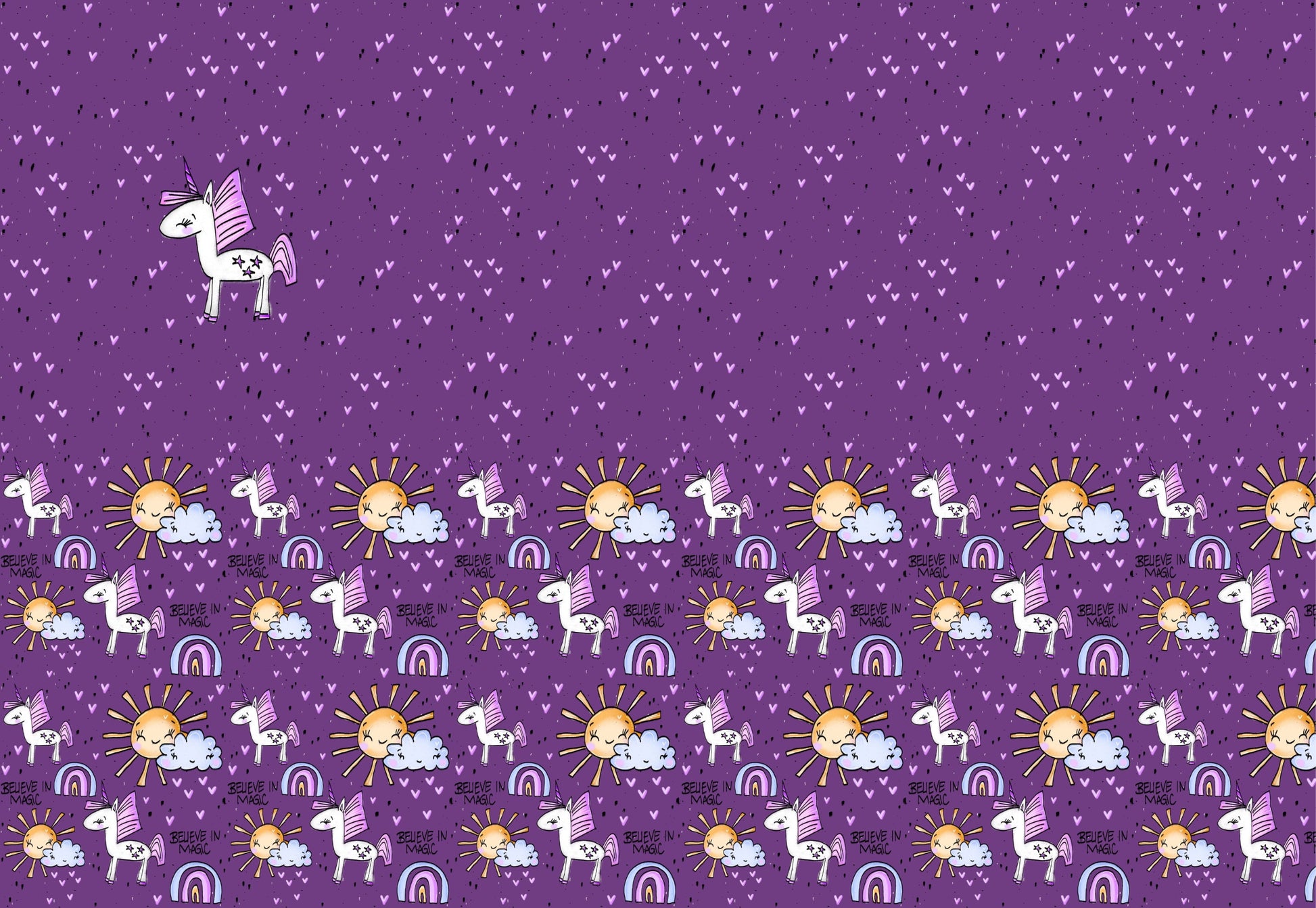 Believe in Magic Einhorn Stoff Panel mit Regenbogen, Sonne und Schriftzug auf lila Hintergrund