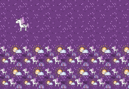 Believe in Magic Einhorn Stoff Panel mit Regenbogen, Sonne und Schriftzug auf lila Hintergrund