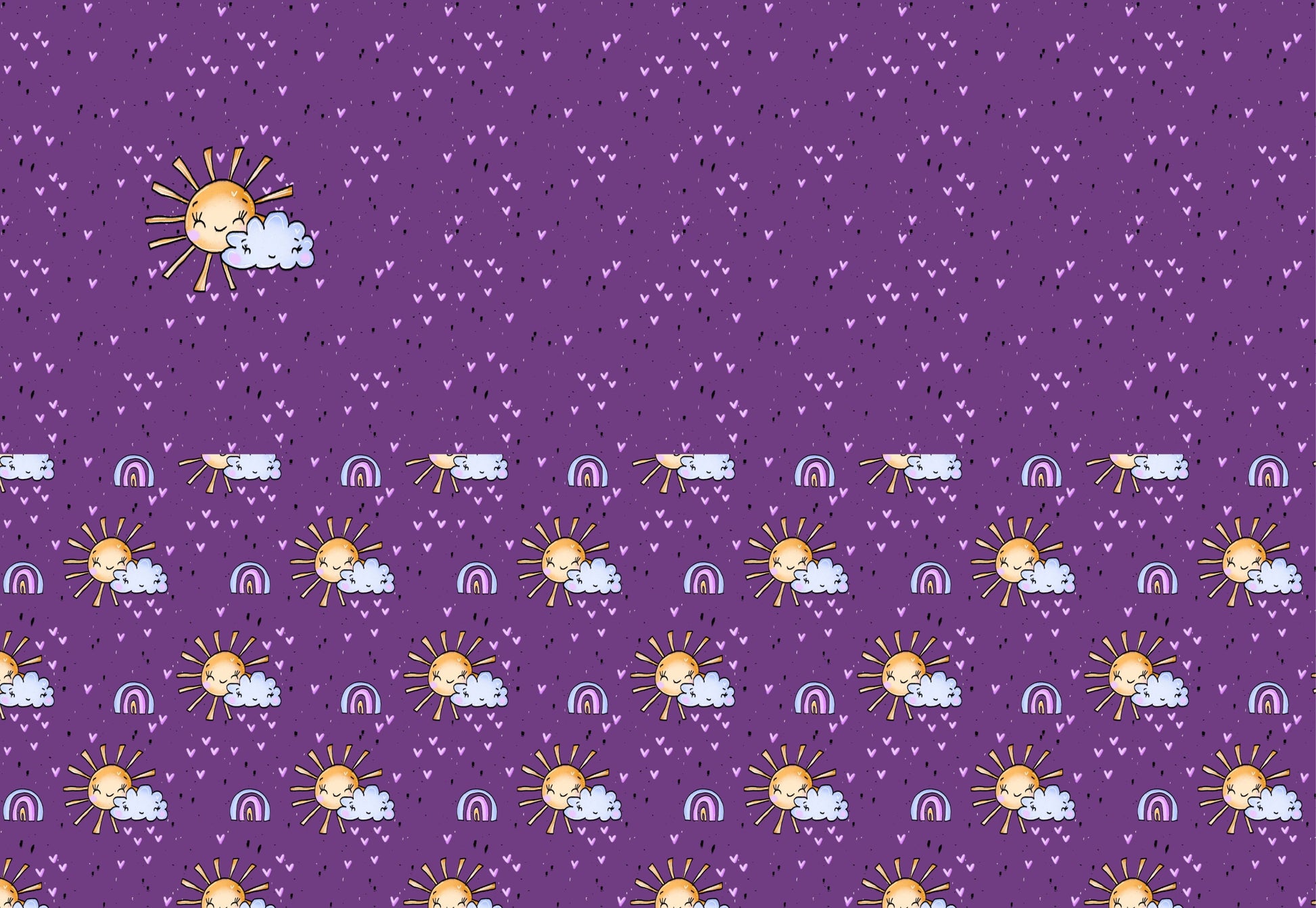 Believe in Magic Sonne Stoff Panel mit Regenbogen und Wolken auf lila Hintergrund