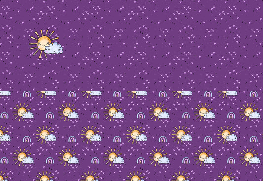 Believe in Magic Sonne Stoff Panel mit Regenbogen und Wolken auf lila Hintergrund