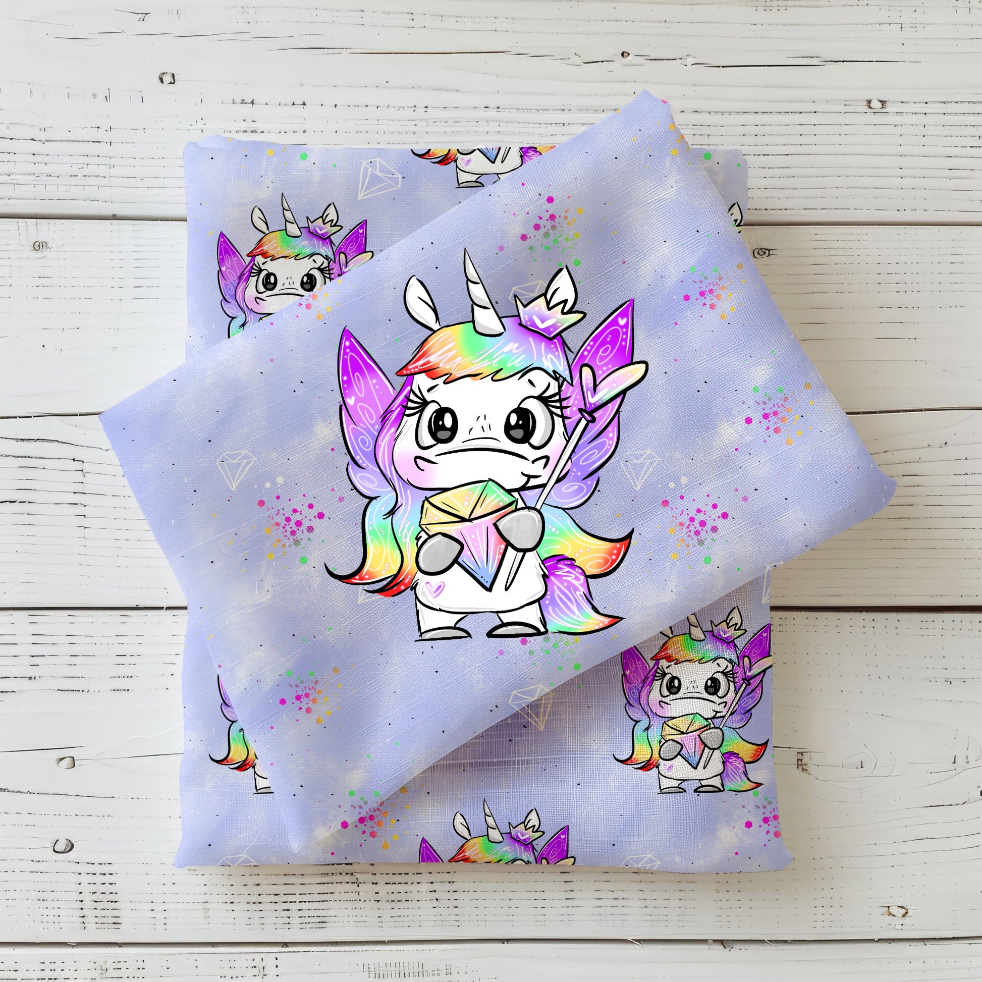 Stoffpanel „Einhornkönigin“ mit farbenfrohem Regenbogen-Einhorn auf Jersey.