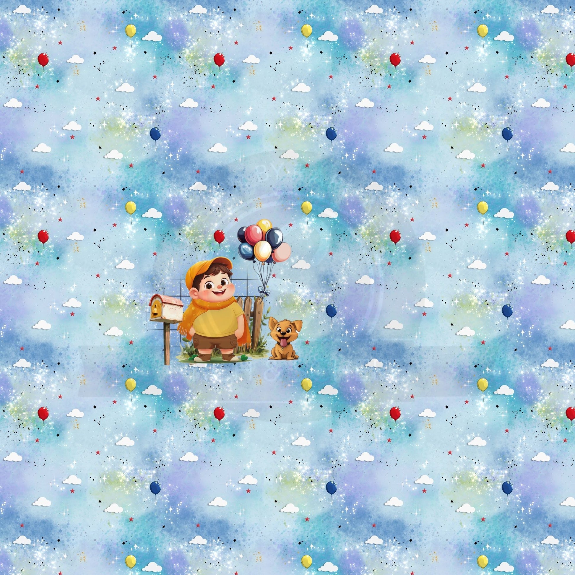 Stoffdesign mit Ballons, Wolken und Sternen auf blauem Hintergrund – perfekt für DIY-Kleidung.