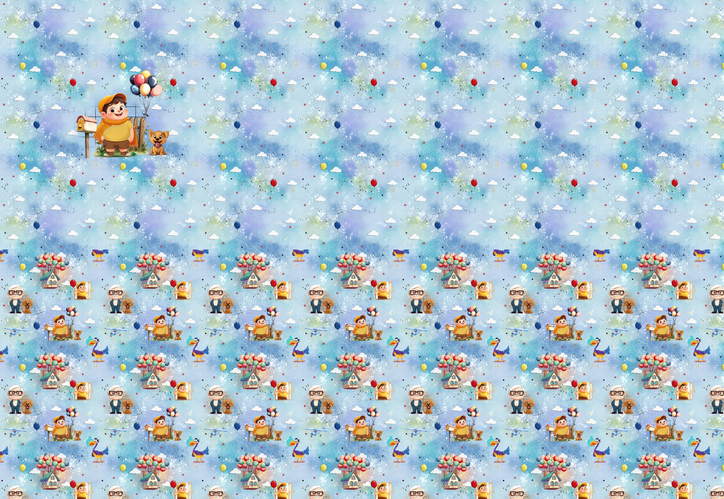 Fantasie Stoffpanel mit Kind, Luftballons, Wolken und schwebenden Häusern in Blautönen