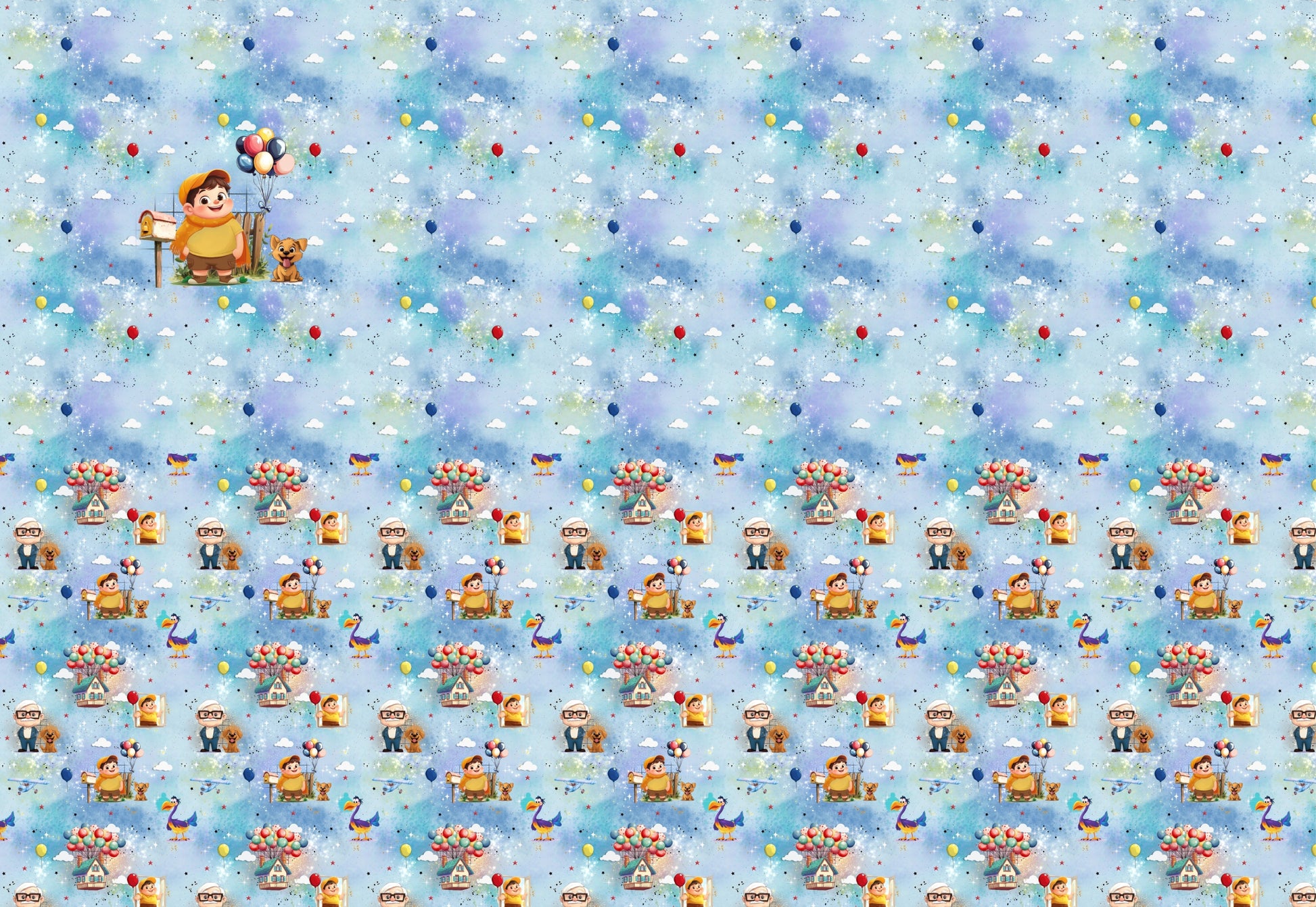 Fantasie Stoffpanel mit Kind, Luftballons, Wolken und schwebenden Häusern in Blautönen