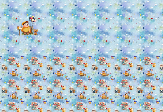 Fantasie Stoffpanel mit Kind, Luftballons, Wolken und schwebenden Häusern in Blautönen