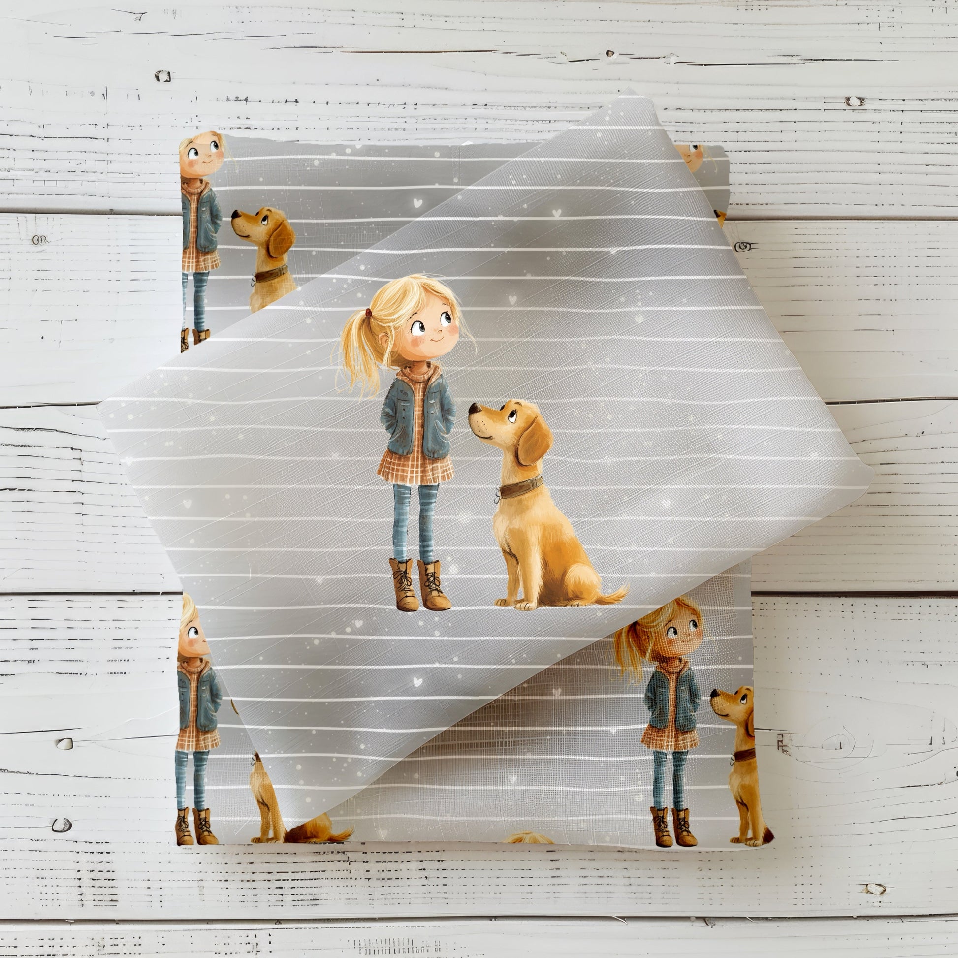 Gefaltetes Hundeliebe Panel – großes Mädchen-und-Hund Motiv und Linien-Texturmuster auf hellem Hintergrund