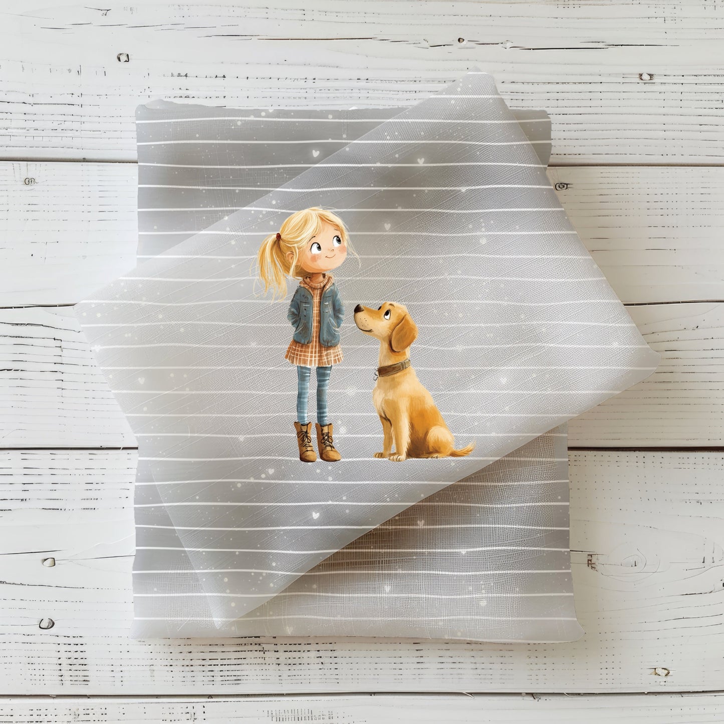 Gefaltetes Hundeliebe Panel – Mädchen-und-Hund Motiv auf hellem Linien- und Glitzerhintergrund