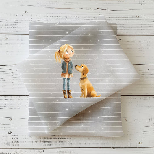 Gefaltetes Hundeliebe Panel – Mädchen-und-Hund Motiv auf hellem Linien- und Glitzerhintergrund