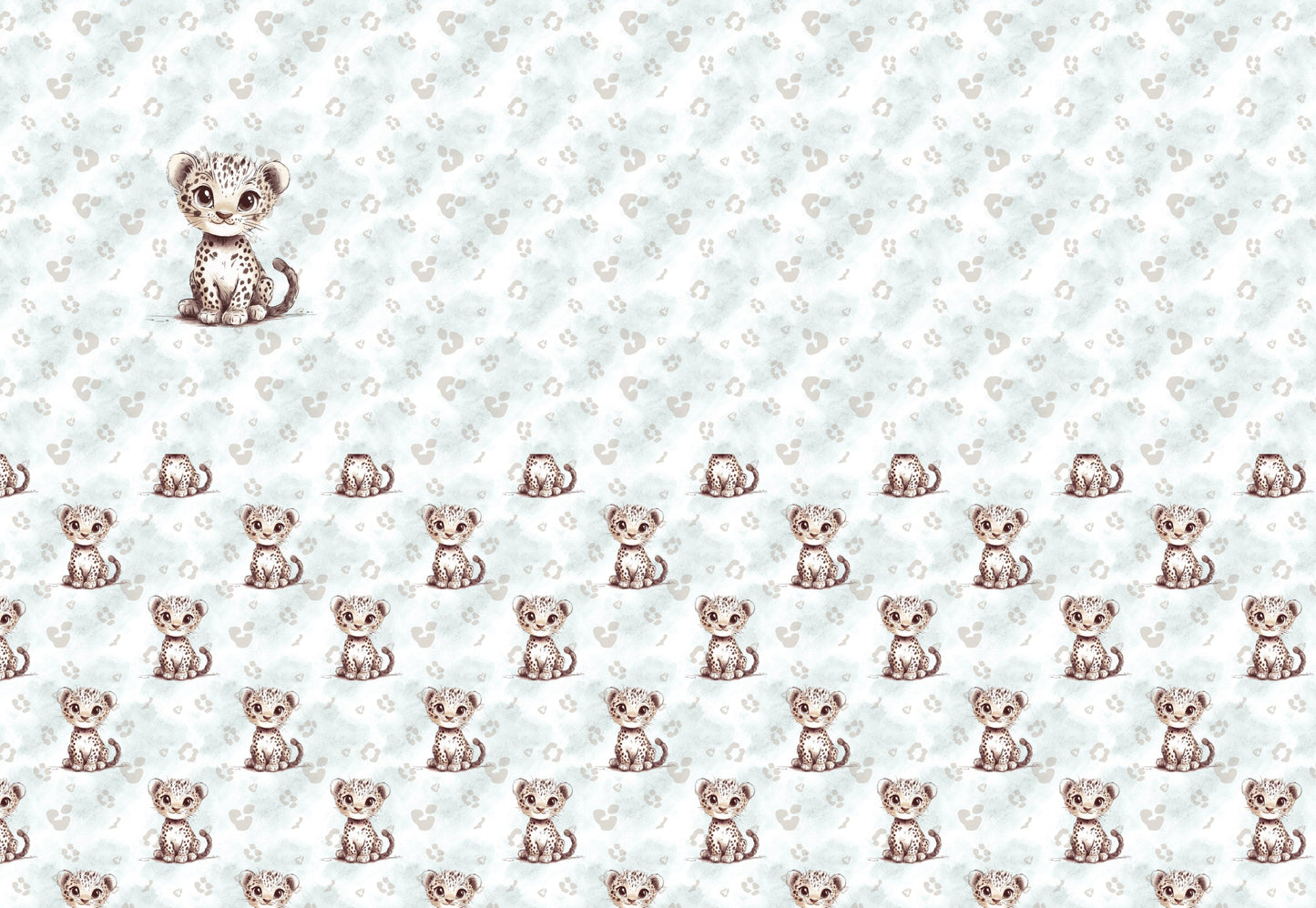 Stoffpanel mit süßem Leopardenbaby und Pfoten-Allover in Mint- und Naturtönen