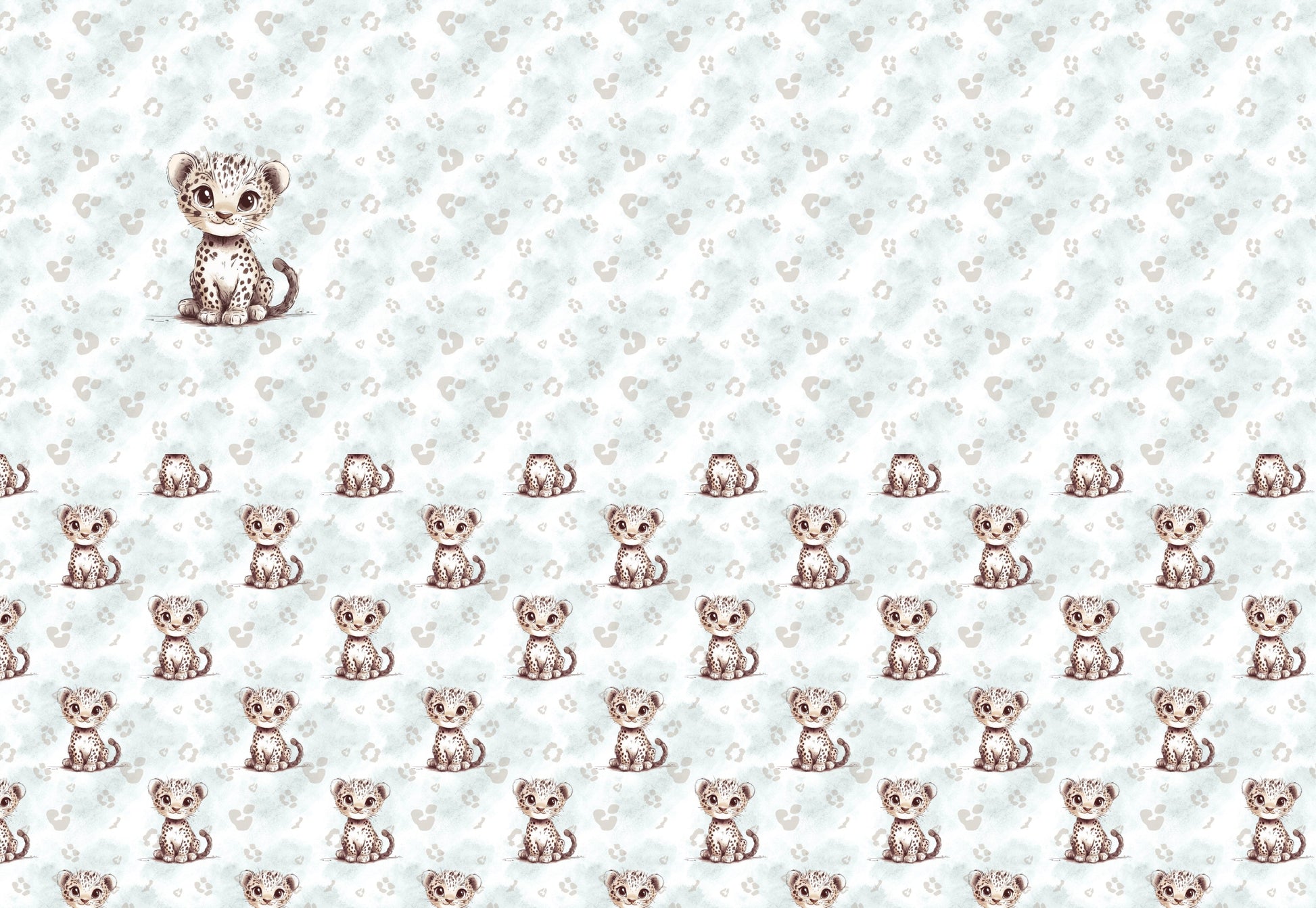 Stoffpanel mit süßem Leopardenbaby und Pfoten-Allover in Mint- und Naturtönen