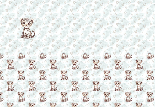 Stoffpanel mit süßem Leopardenbaby und Pfoten-Allover in Mint- und Naturtönen