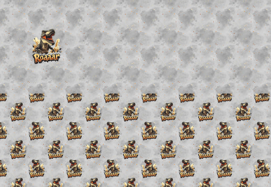 T-Rex Stoffpanel mit großem Dino-Motiv und grauem Allover-Hintergrund mit Sprenkeln