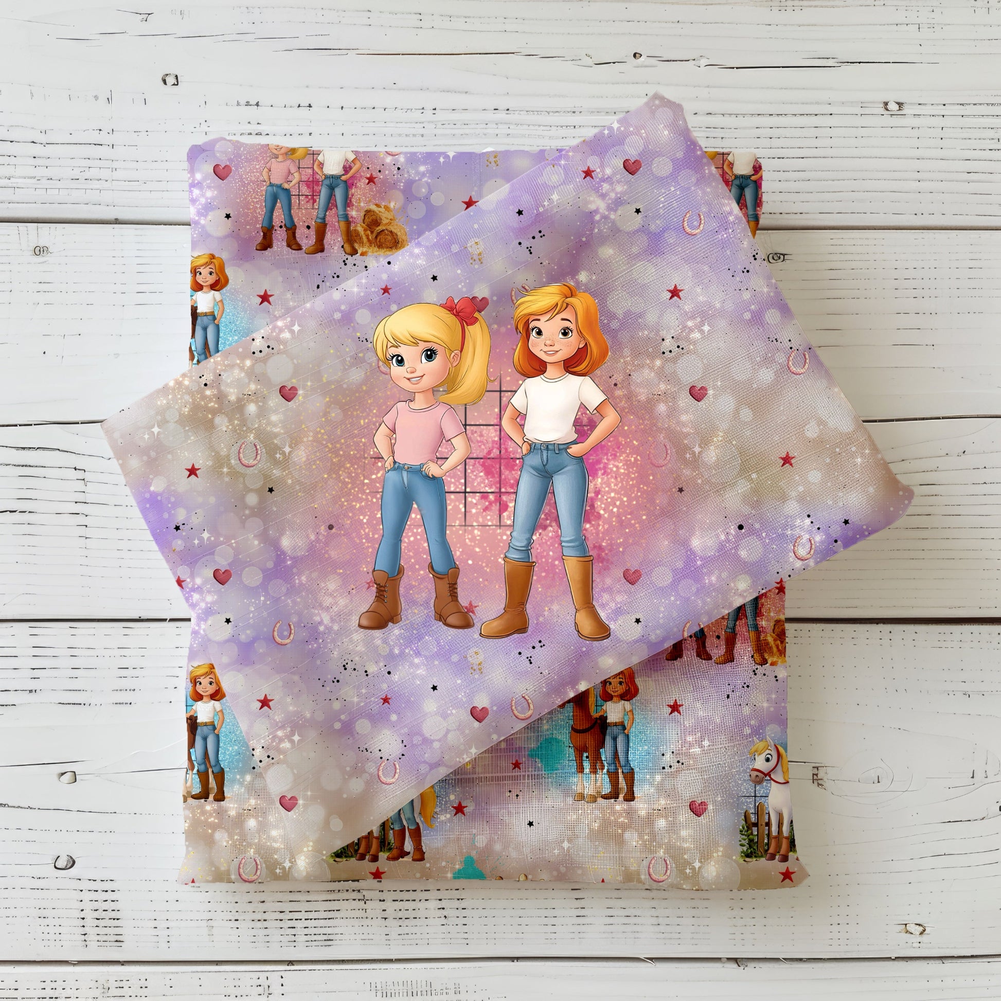 Stoffpanel "Zauberhafte Reiterinnen" mit Musterstoff in Lila – ideal für Kinderkleidung.