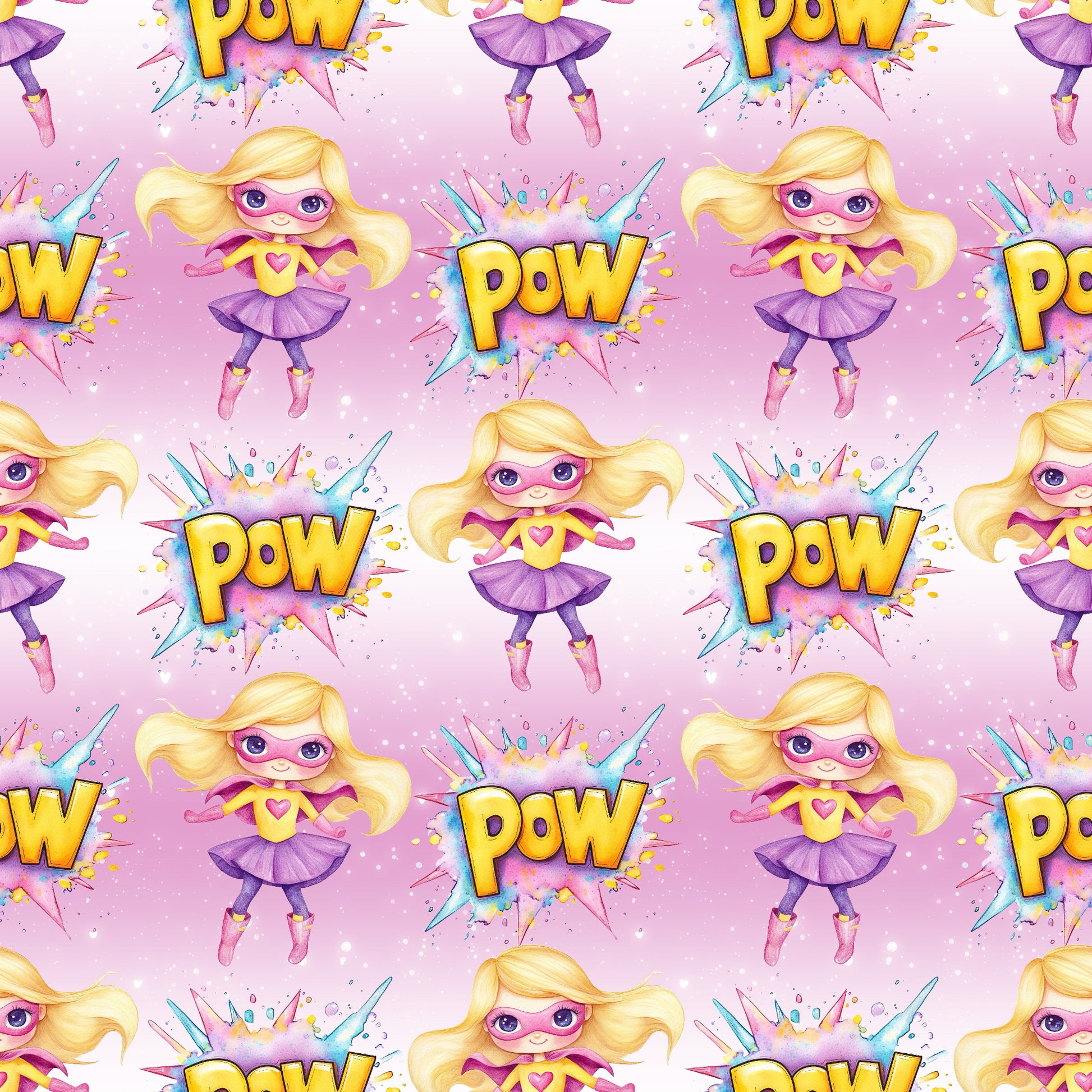 Superheldin-Kinderstoff mit Comic-Design und POW!-Schriftzug als Meterware.