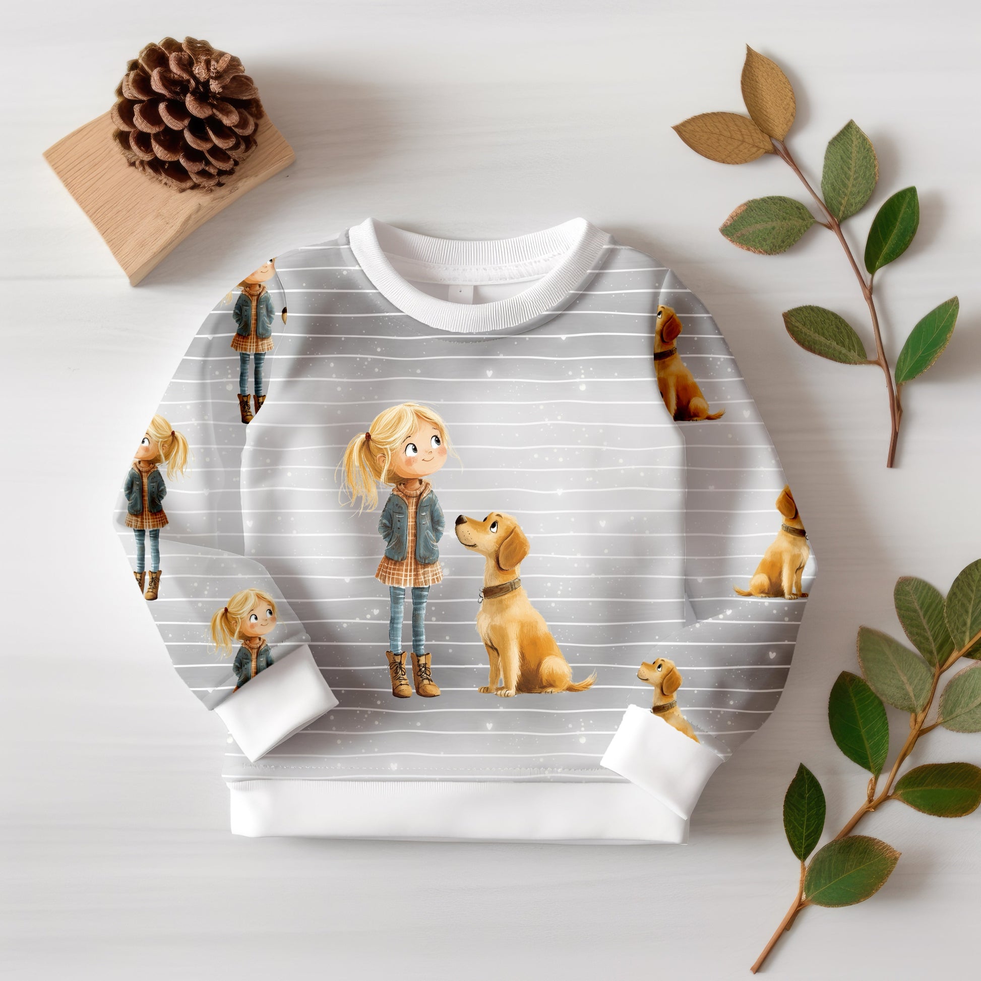 Kinder-Sweatshirt mit Hundeliebe Panel – Mädchen-und-Hund Motiv vorne, kombiniert mit hellem Linien- und Punktemuster